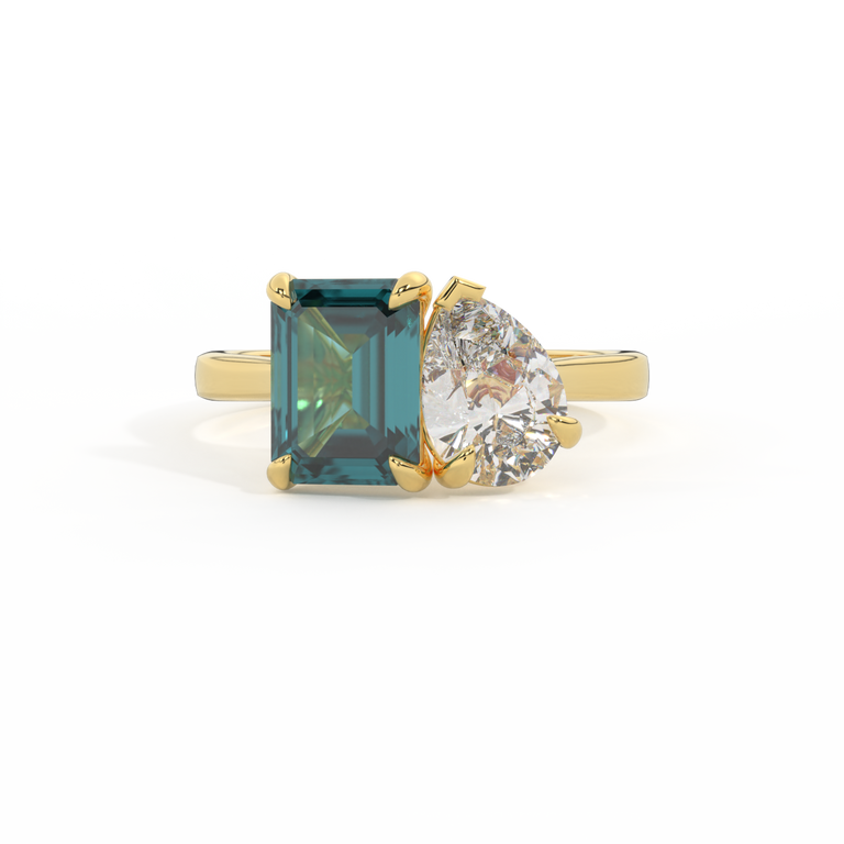 Lab Grown Diamond Toi Et Moi Emerald Teal Sapphire 18K Yellow Gold Ring