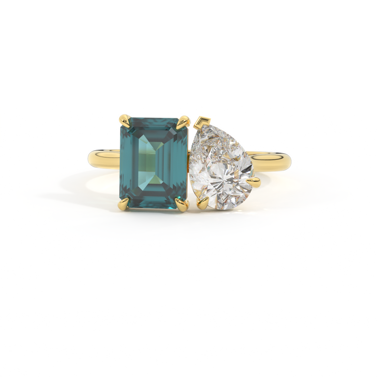Lab Grown Solar Diamond Toi Et Moi Emerald Teal Sapphire 18K Yellow Gold Ring