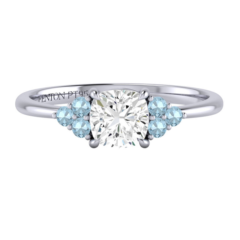 Naturally Mined Diamond Trefoil Cushion Cut Diamond and Aquamarine Platinum Ring