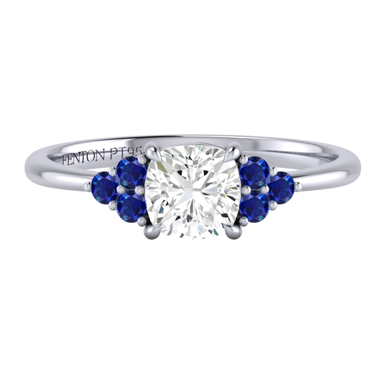 Naturally Mined Diamond Trefoil Cushion Cut Diamond and Blue Sapphire Platinum Ring