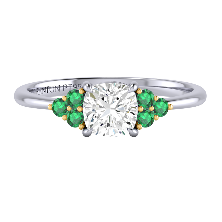 Naturally Mined Diamond Trefoil Cushion Cut Diamond and Emerald Platinum Ring