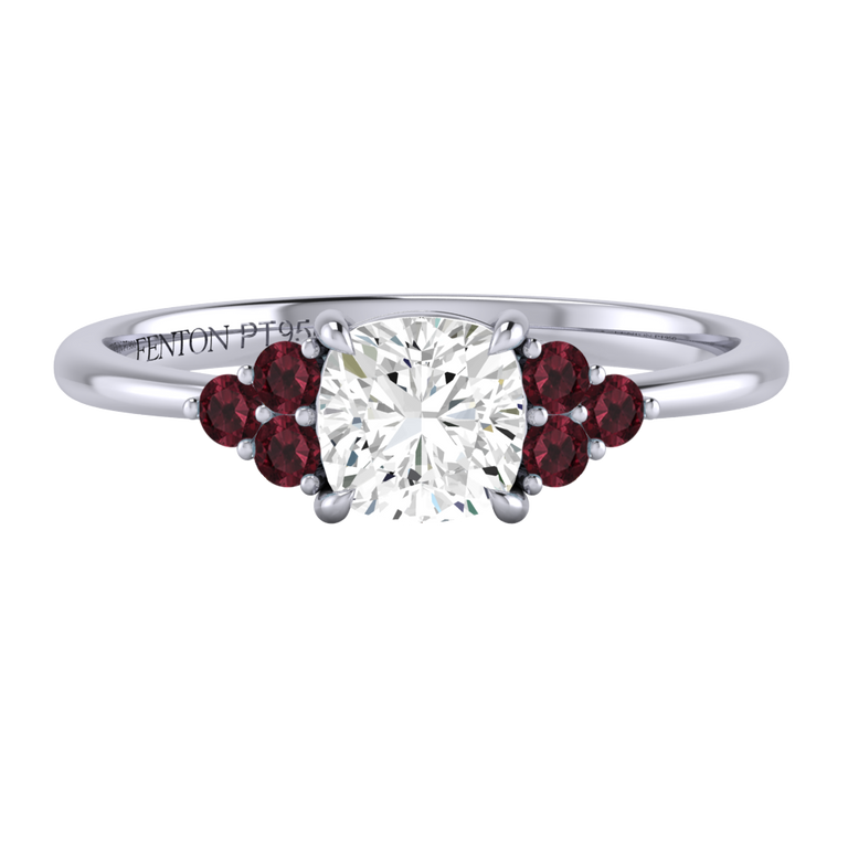 Naturally Mined Diamond Trefoil Cushion Cut Diamond and Garnet Platinum Ring