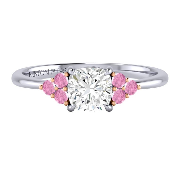 Naturally Mined Diamond Trefoil Cushion Cut Diamond and Pink Sapphire Platinum Ring