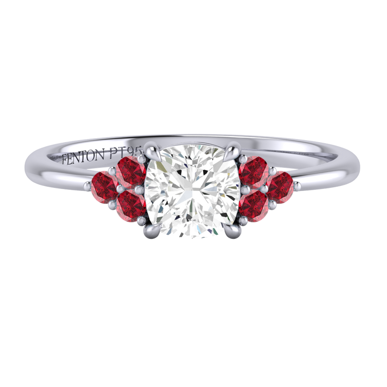 Naturally Mined Diamond Trefoil Cushion Cut Diamond and Ruby Platinum Ring