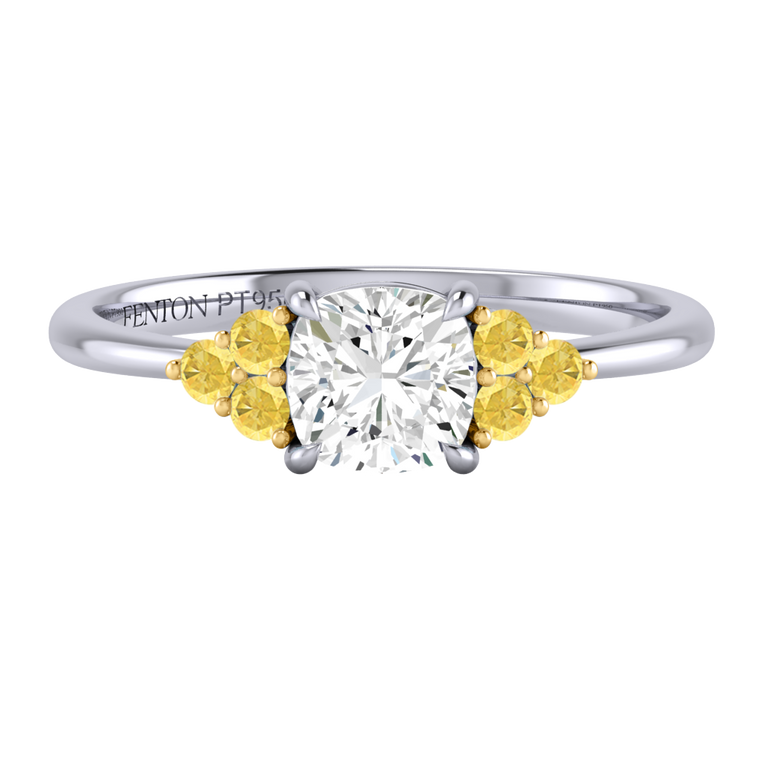 Naturally Mined Diamond Trefoil Cushion Cut Diamond and Yellow Sapphire Platinum Ring