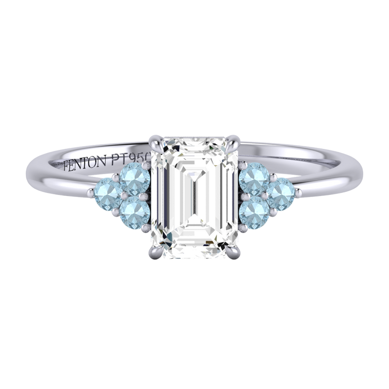 Naturally Mined Diamond Trefoil Emerald Cut Diamond and Aquamarine Platinum Ring