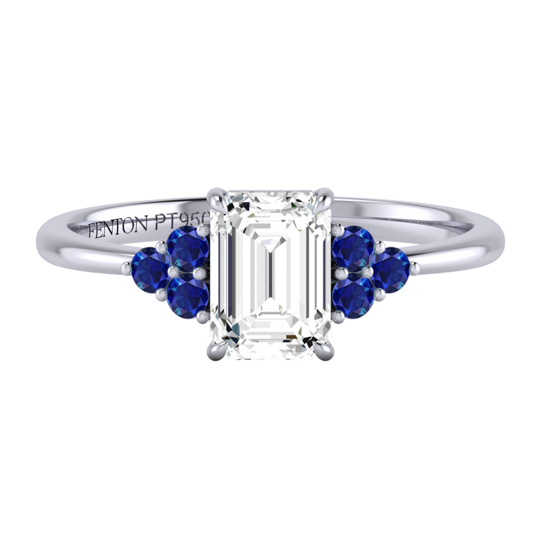 Naturally Mined Diamond Trefoil Emerald Cut Diamond and Blue Sapphire Platinum Ring