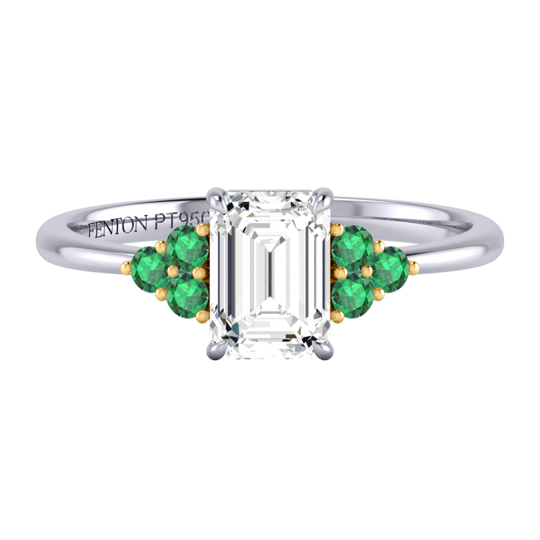 Naturally Mined Diamond Trefoil Emerald Cut Diamond and Emerald Platinum Ring