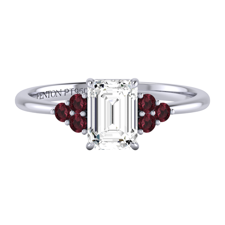 Lab Grown Diamond Trefoil Emerald Cut Diamond and Garnet Platinum Ring