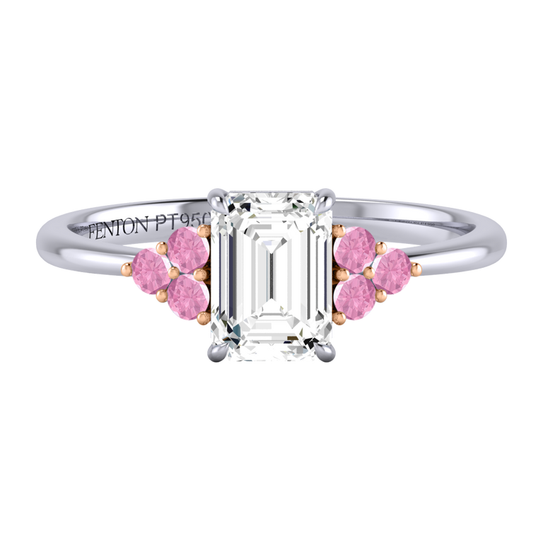 Naturally Mined Diamond Trefoil Emerald Cut Diamond and Pink Sapphire Platinum Ring