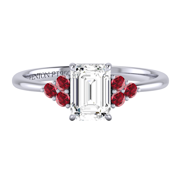 Naturally Mined Diamond Trefoil Emerald Cut Diamond and Ruby Platinum Ring