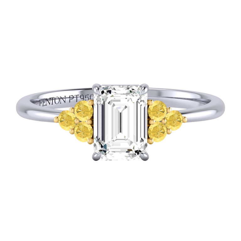 Naturally Mined Diamond Trefoil Emerald Cut Diamond and Yellow Sapphire Platinum Ring