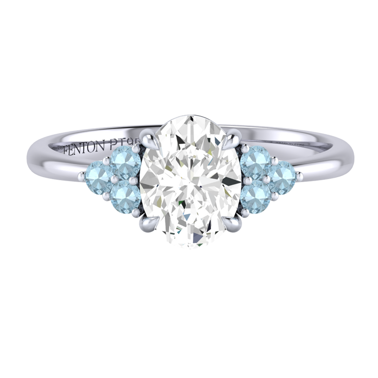 Naturally Mined Diamond Trefoil Oval Cut Diamond and Aquamarine Platinum Ring