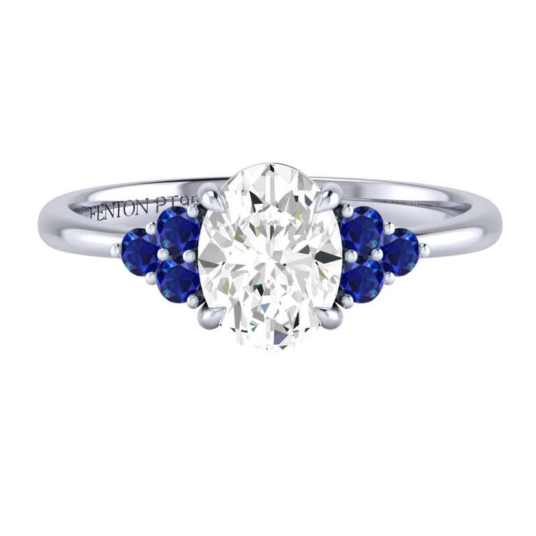 Naturally Mined Diamond Trefoil Oval Cut Diamond and Blue Sapphire Platinum Ring