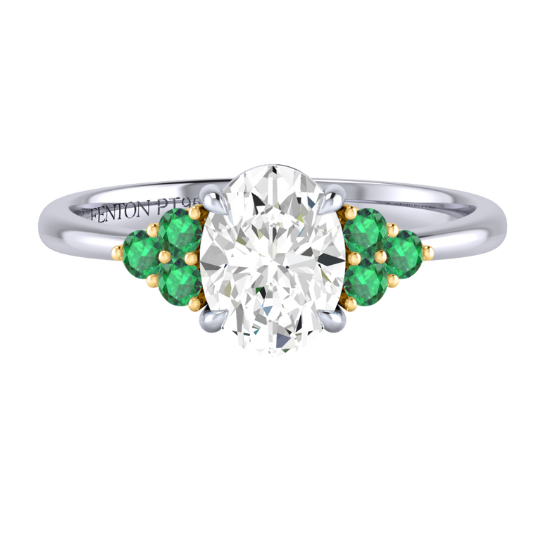 Naturally Mined Diamond Trefoil Oval Cut Diamond and Emerald Platinum Ring