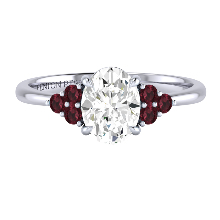 Naturally Mined Diamond Trefoil Oval Cut Diamond and Garnet Platinum Ring