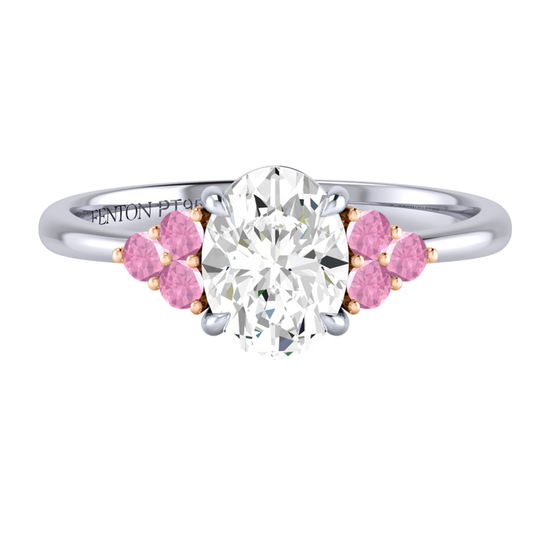 Naturally Mined Diamond Trefoil Oval Cut Diamond and Pink Sapphire Platinum Ring