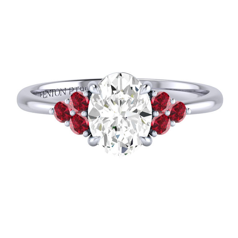 Naturally Mined Diamond Trefoil Oval Cut Diamond and Ruby Platinum Ring