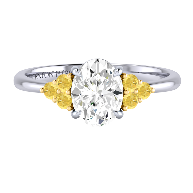 Naturally Mined Diamond Trefoil Oval Cut Diamond and Yellow Sapphire Platinum Ring