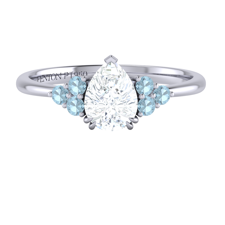 Naturally Mined Diamond Trefoil Pear Cut Diamond and Aquamarine Platinum Ring