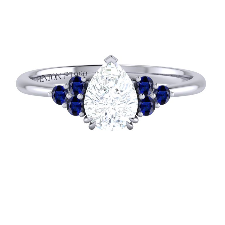 Naturally Mined Diamond Trefoil Pear Cut Diamond and Blue Sapphire Platinum Ring