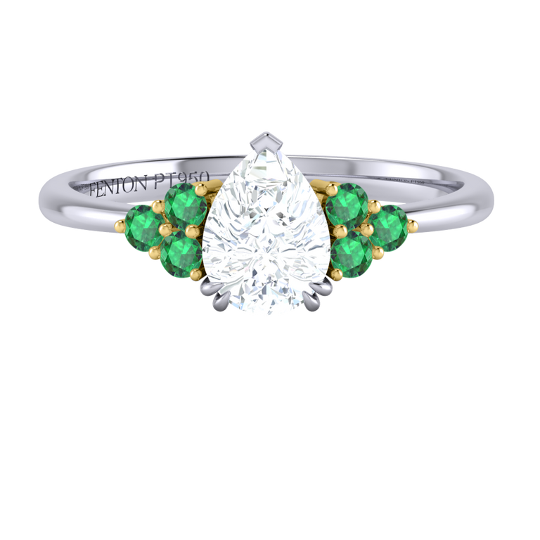 Naturally Mined Diamond Trefoil Pear Cut Diamond and Emerald Platinum Ring