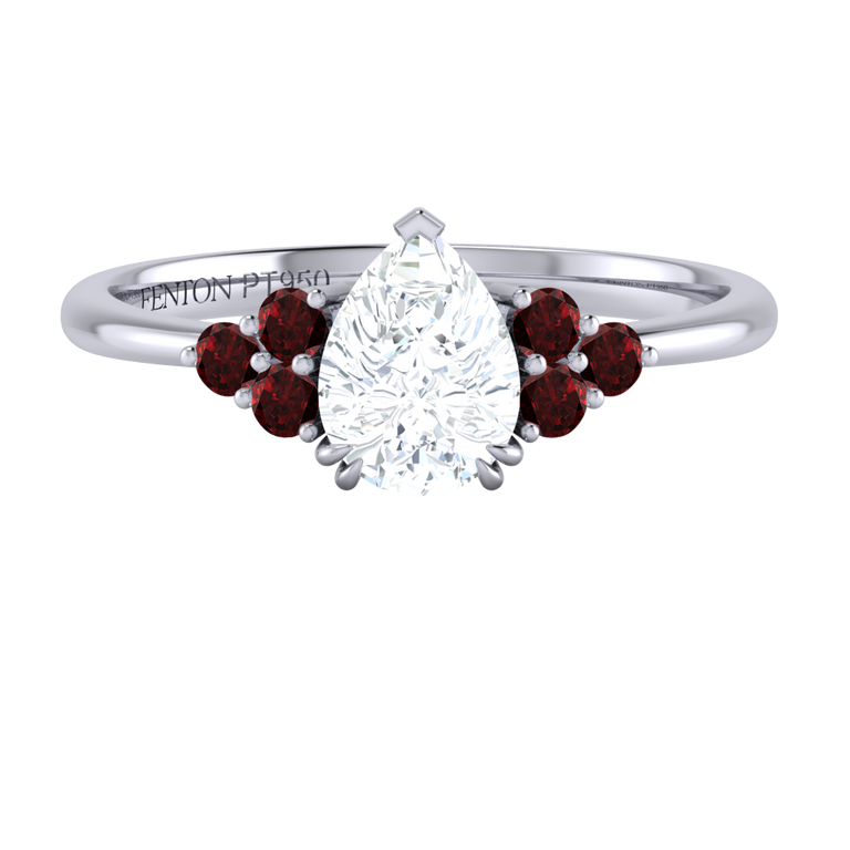 Naturally Mined Diamond Trefoil Pear Cut Diamond and Garnet Platinum Ring