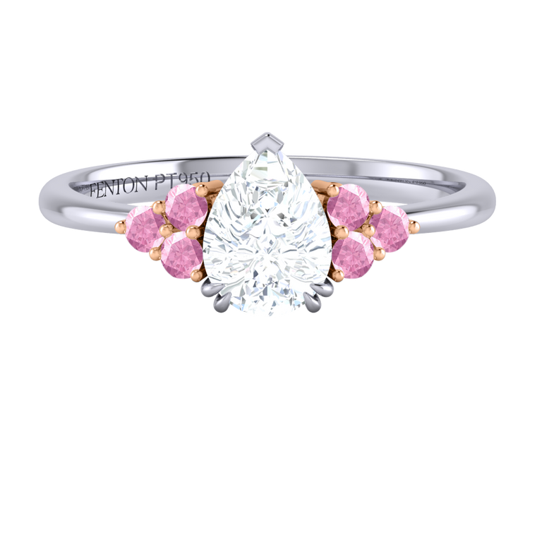 Naturally Mined Diamond Trefoil Pear Cut Diamond and Pink Sapphire Platinum Ring