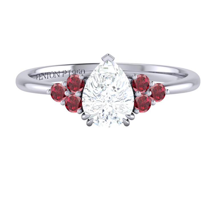 Naturally Mined Diamond Trefoil Pear Cut Diamond and Ruby Platinum Ring