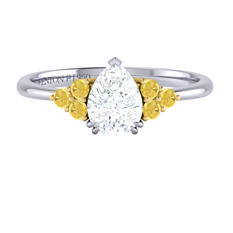 Naturally Mined Diamond Trefoil Pear Cut Diamond and Yellow Sapphire Platinum Ring