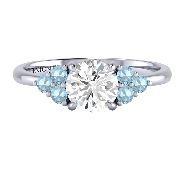 Naturally Mined Diamond Trefoil Round Cut Diamond and Aquamarine Platinum Ring