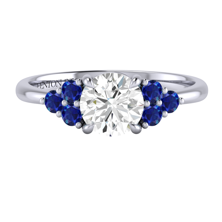 Naturally Mined Diamond Trefoil Round Cut Diamond and Blue Sapphire Platinum Ring