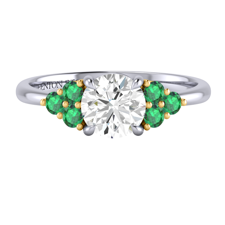 Naturally Mined Diamond Trefoil Round Cut Diamond and Emerald Platinum Ring