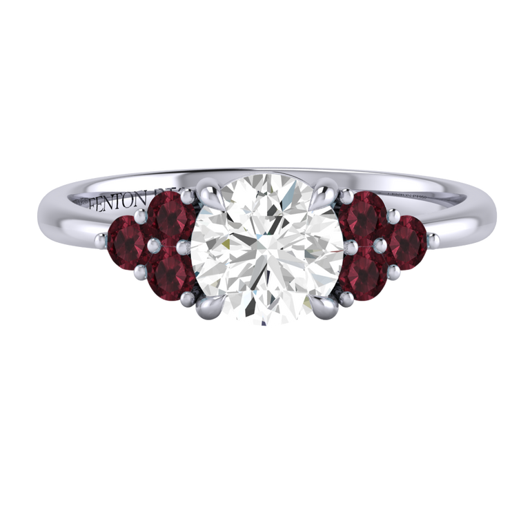 Naturally Mined Diamond Trefoil Round Cut Diamond and Garnet Platinum Ring