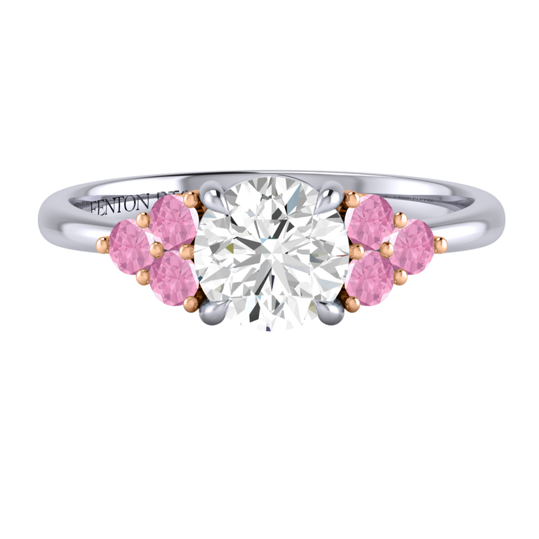 Naturally Mined Diamond Trefoil Round Cut Diamond and Pink Sapphire Platinum Ring