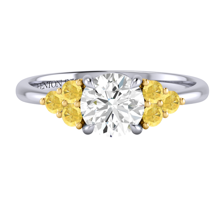 Naturally Mined Diamond Trefoil Round Cut Diamond and Yellow Sapphire Platinum Ring