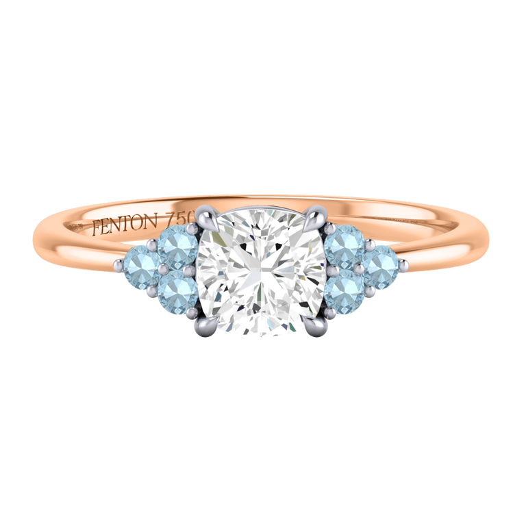 Naturally Mined Diamond Trefoil Cushion Cut Diamond and Aquamarine 18k Rose Gold Ring