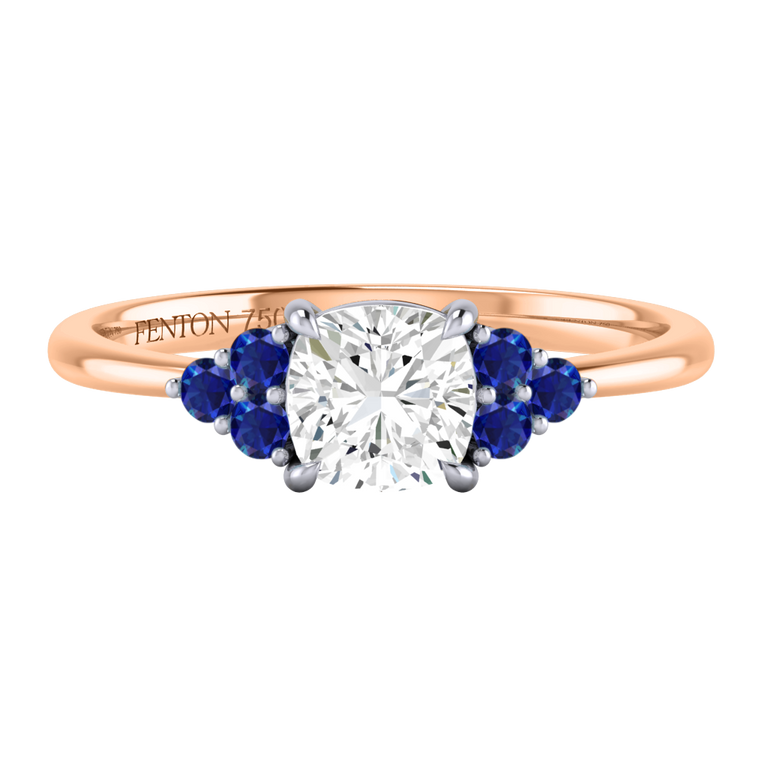 Naturally Mined Diamond Trefoil Cushion Cut Diamond and Blue Sapphire 18k Rose Gold Ring