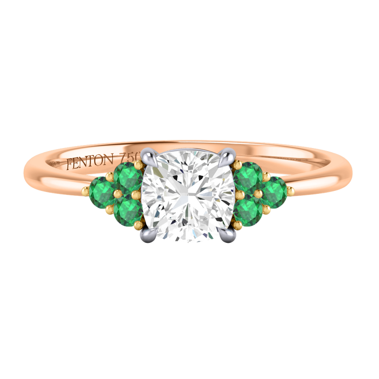 Naturally Mined Diamond Trefoil Cushion Cut Diamond and Emerald 18k Rose Gold Ring