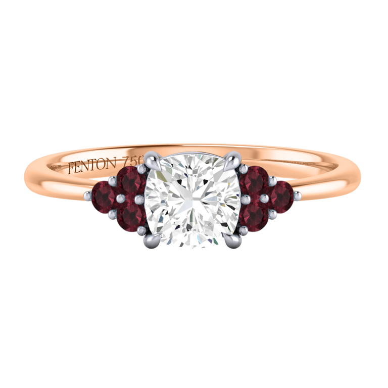 Naturally Mined Diamond Trefoil Cushion Cut Diamond and Garnet 18k Rose Gold Ring