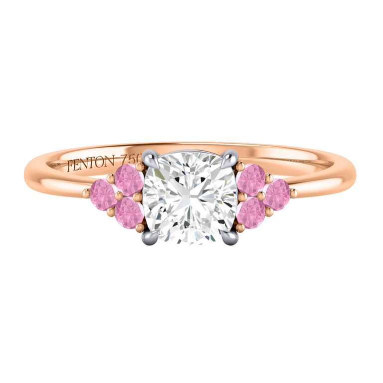 Naturally Mined Diamond Trefoil Cushion Cut Diamond and Pink Sapphire 18k Rose Gold Ring