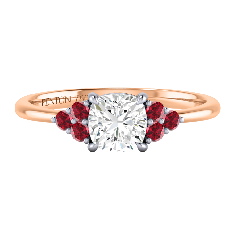 Naturally Mined Diamond Trefoil Cushion Cut Diamond and Ruby 18k Rose Gold Ring