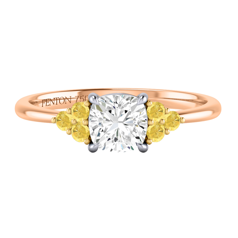 Naturally Mined Diamond Trefoil Cushion Cut Diamond and Yellow Sapphire 18k Rose Gold Ring