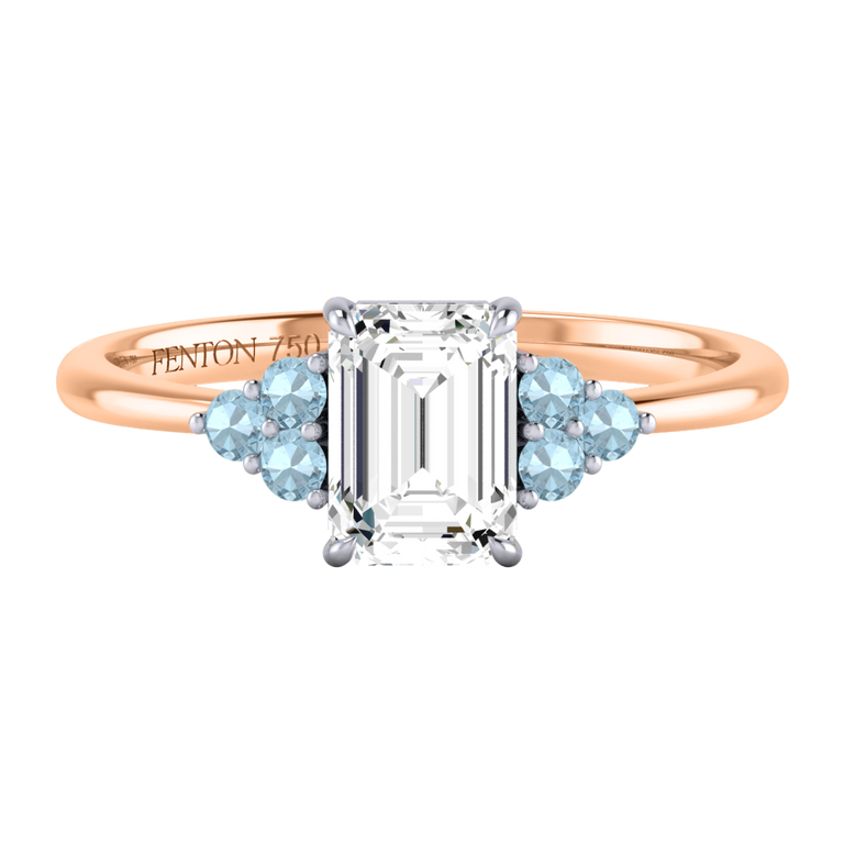 Lab Grown Diamond Trefoil Emerald Cut Diamond and Aquamarine 18k Rose Gold Ring