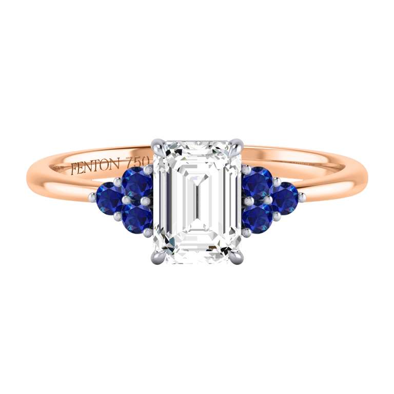 Naturally Mined Diamond Trefoil Emerald Cut Diamond and Blue Sapphire 18k Rose Gold Ring