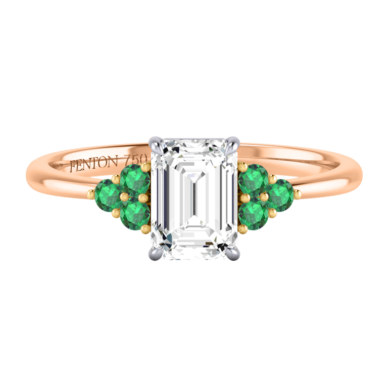 Naturally Mined Diamond Trefoil Emerald Cut Diamond and Emerald 18k Rose Gold Ring