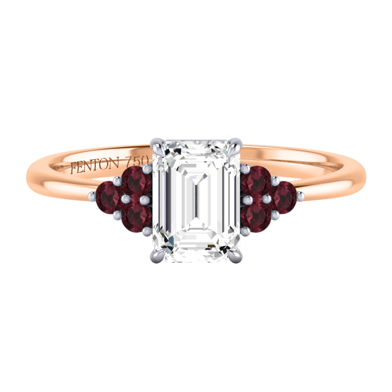 Lab Grown Diamond Trefoil Emerald Cut Diamond and Garnet 18k Rose Gold Ring