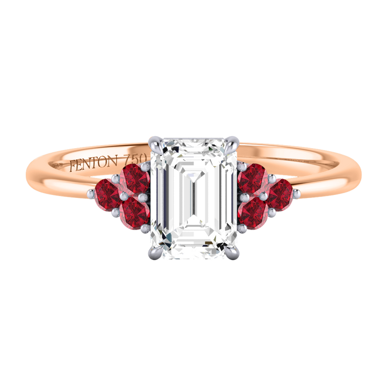 Lab Grown Diamond Trefoil Emerald Cut Diamond and Ruby 18k Rose Gold Ring