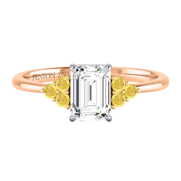 Naturally Mined Diamond Trefoil Emerald Cut Diamond and Yellow Sapphire 18k Rose Gold Ring