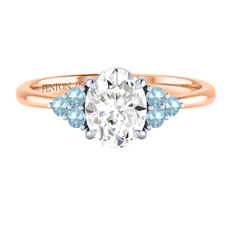 Naturally Mined Diamond Trefoil Oval Cut Diamond and Aquamarine 18k Rose Gold Ring